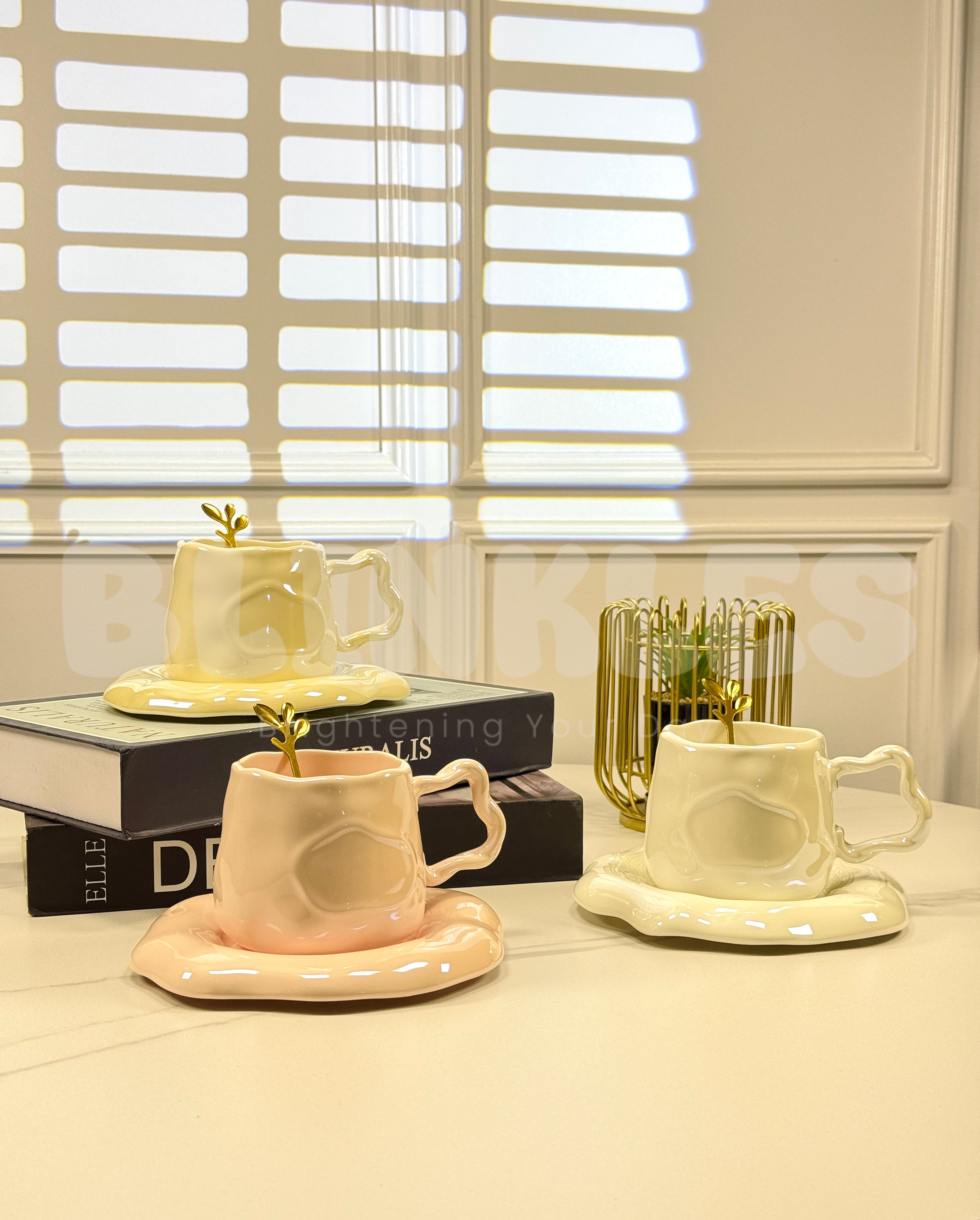 Luxury Melted Style Ceramic Coffee Cup & Saucer Set with Gold Spoon Minimal Aesthetic Mug