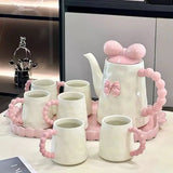 Kawaii Ceramic Tea Set with Tray Pink & Cream Teapot and 4 Cups, Cute Bow Handle Design Tea Serving Set