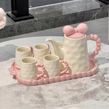 Kawaii Ceramic Tea Set with Tray Pink & Cream Teapot and 4 Cups, Cute Bow Handle Design Tea Serving Set