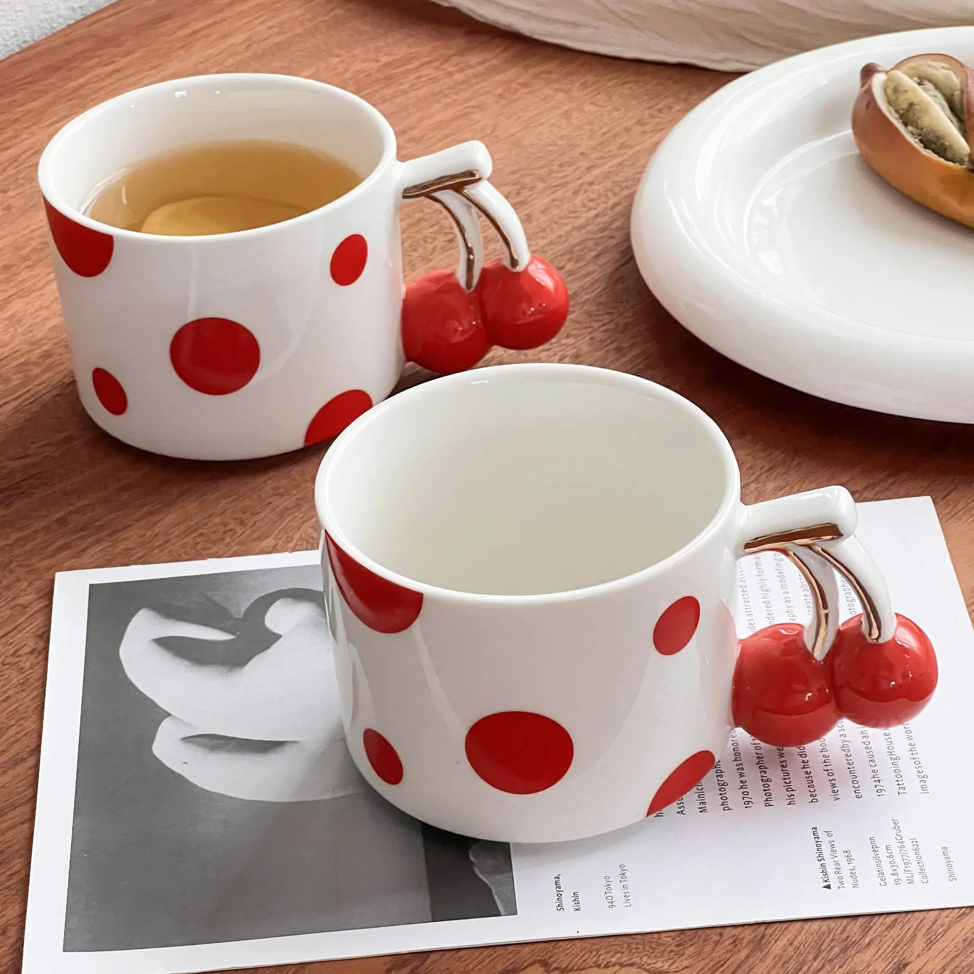 Cherry Handle Ceramic Mug Red Polka Dot Coffee Cup Cute Aesthetic Breakfast Mug for Tea & Latte SparkelsSparkels