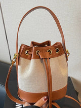 Vintage Canvas & PU Leather Bucket Bag Women’s Drawstring Crossbody Shoulder Handbag SparkelsSparkels