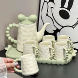 Kawaii Ceramic Tea Set with Tray Pink & Cream Teapot and 4 Cups, Cute Bow Handle Design Tea Serving Set