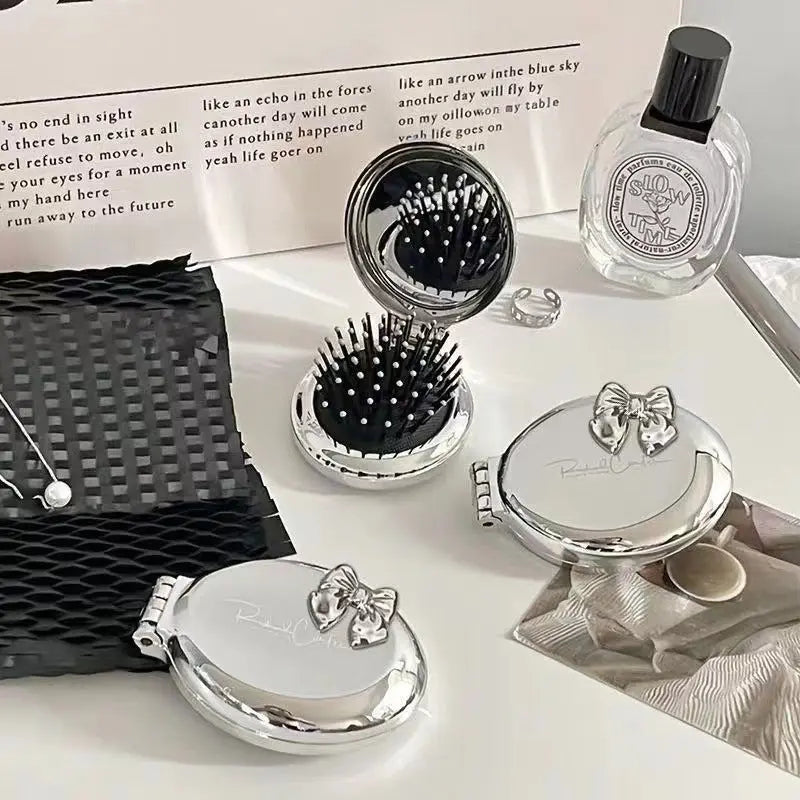 Portable Folding Mini Hair Brush with Compact Mirror Cute Bow Travel Pocket Comb SparkelsSparkels
