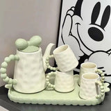 Kawaii Ceramic Tea Set with Tray Pink & Cream Teapot and 4 Cups, Cute Bow Handle Design Tea Serving Set