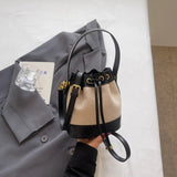 Vintage Canvas & PU Leather Bucket Bag Women’s Drawstring Crossbody Shoulder Handbag SparkelsSparkels