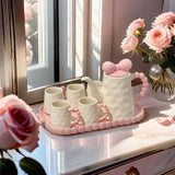 Kawaii Ceramic Tea Set with Tray Pink & Cream Teapot and 4 Cups, Cute Bow Handle Design Tea Serving Set
