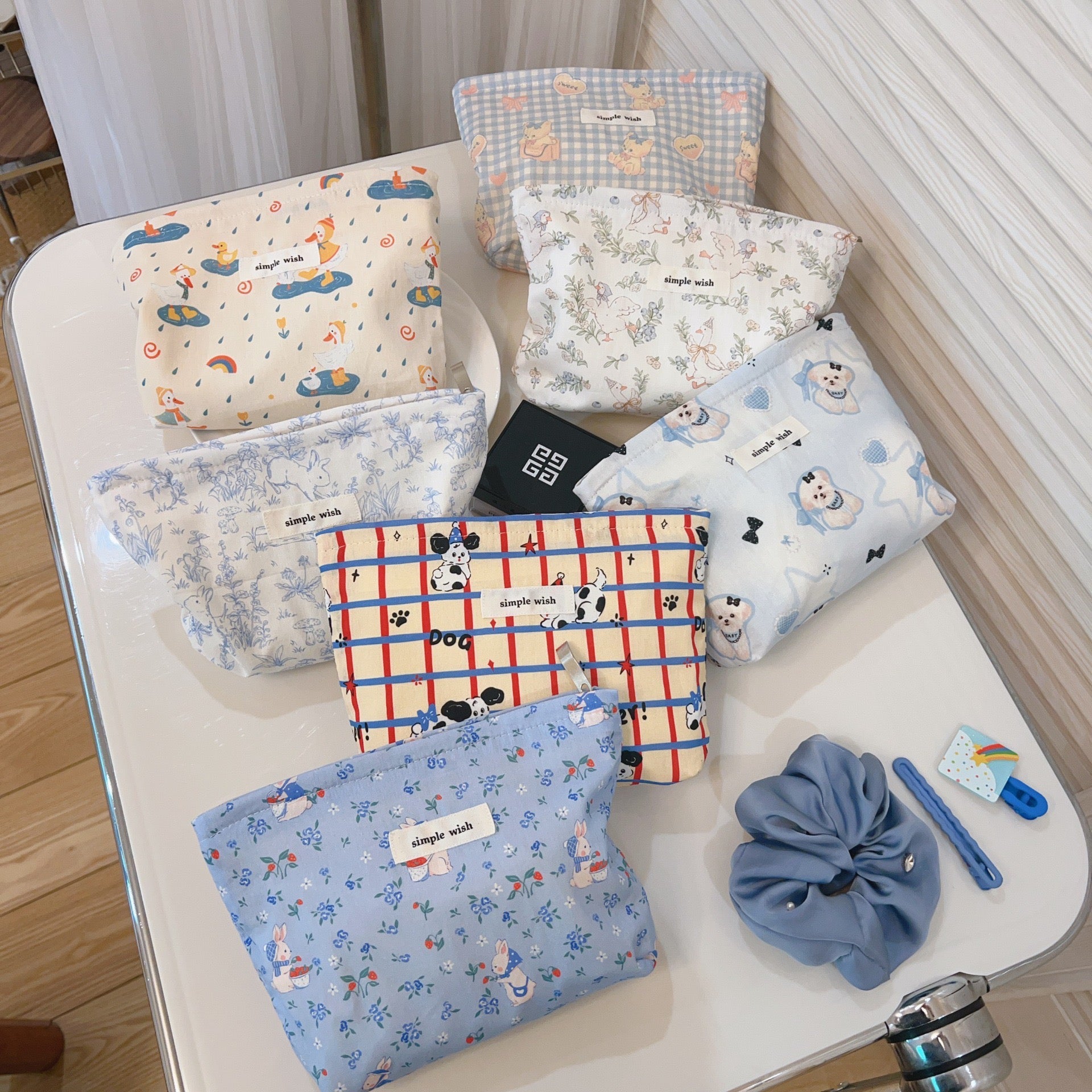 Cute Cartoon Print Mini Coin Purse Square Cotton Zipper Storage Pouch for Earphones & Lipstick