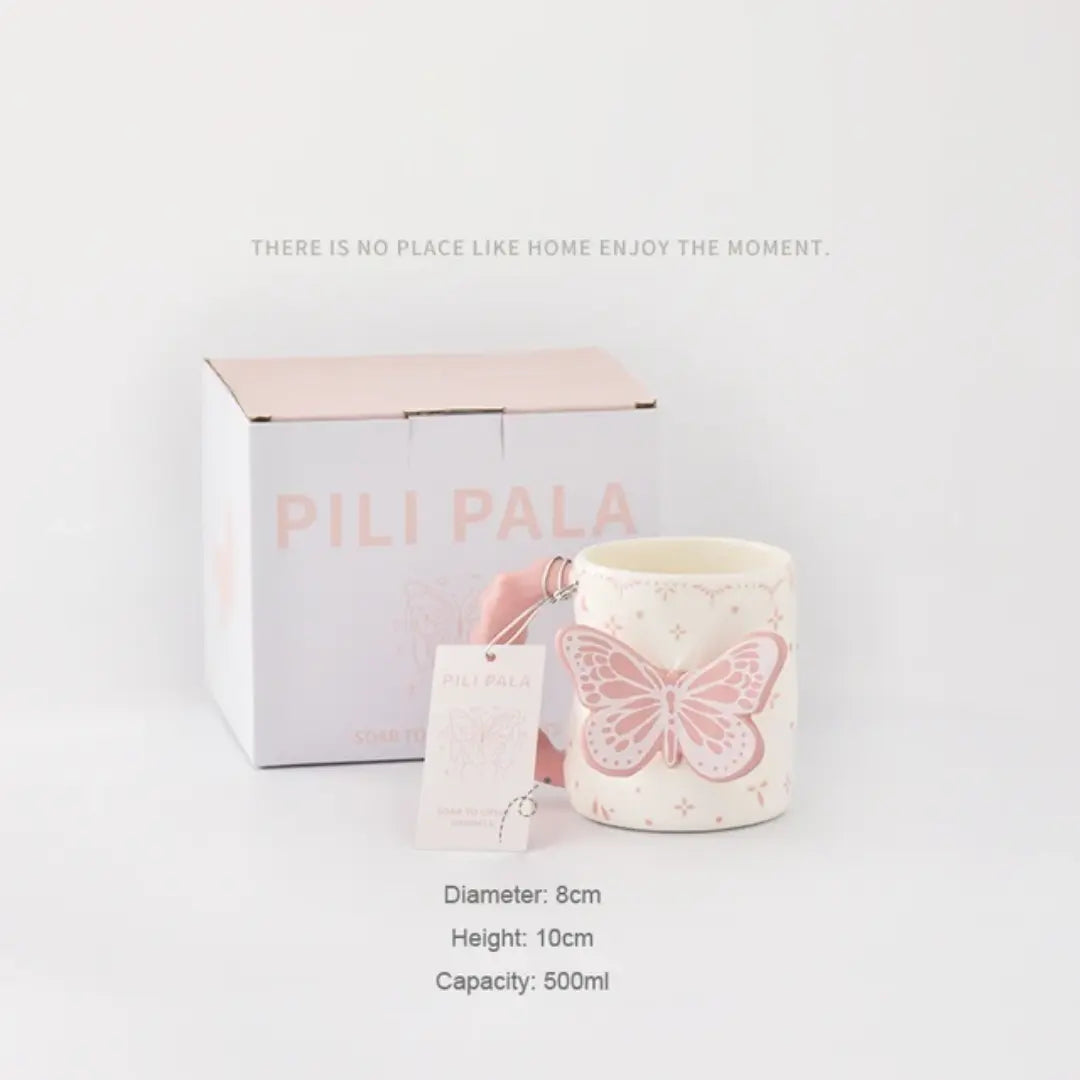 3D Butterfly Ceramic MugCute Aesthetic Coffee & Tea Cup Handmade Relief Butterfly Design Pink & Ivory Gift Mug SparkelsSparkels