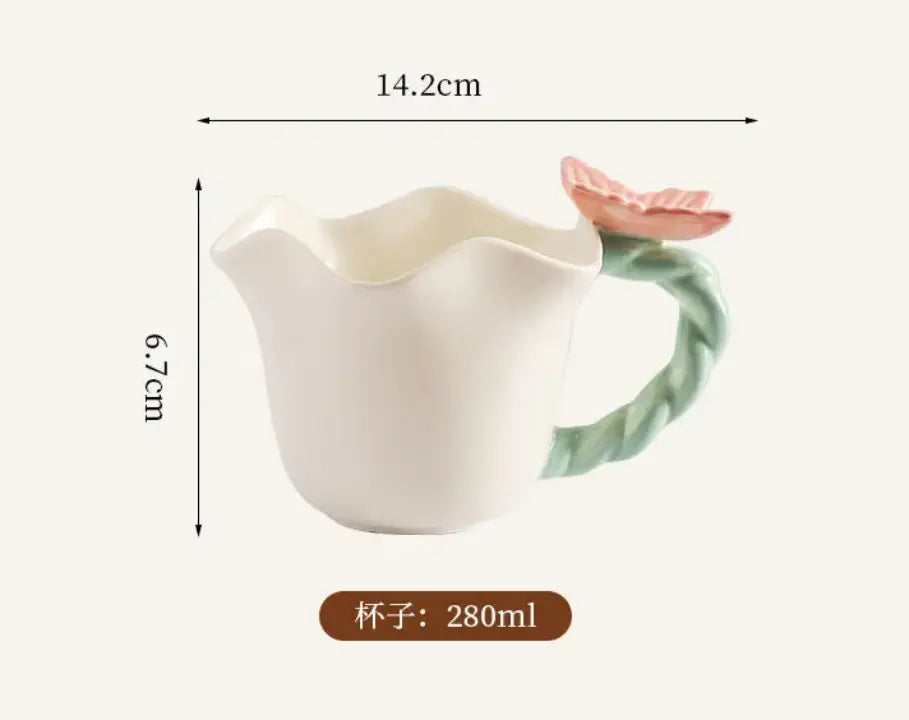 Vintage Flower Tea Cup & Leaf Saucer Set Handcrafted Ceramic Coffee Mug 280ml SparkelsSparkels