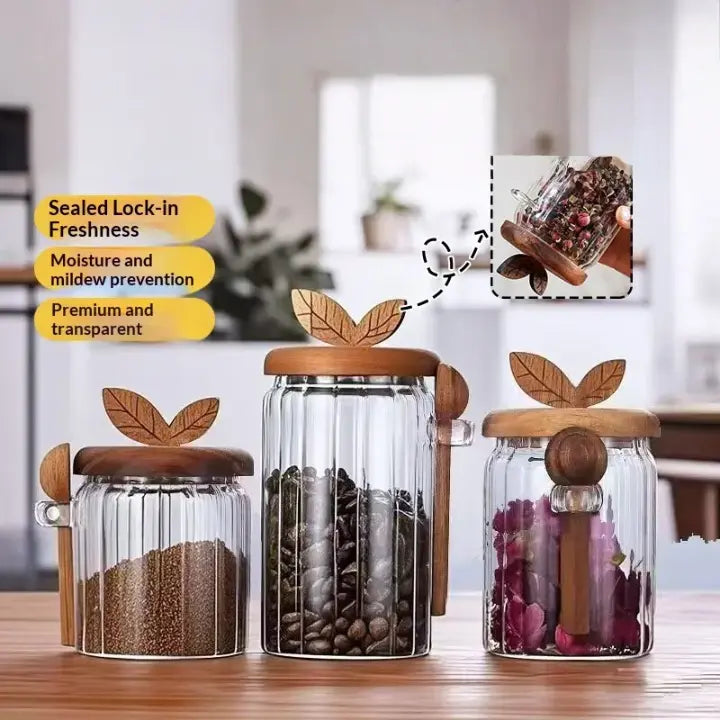 Pack Of 3 Elegant Glass Storage Jar with Wooden Lid & Spoon Airtight Kitchen Container