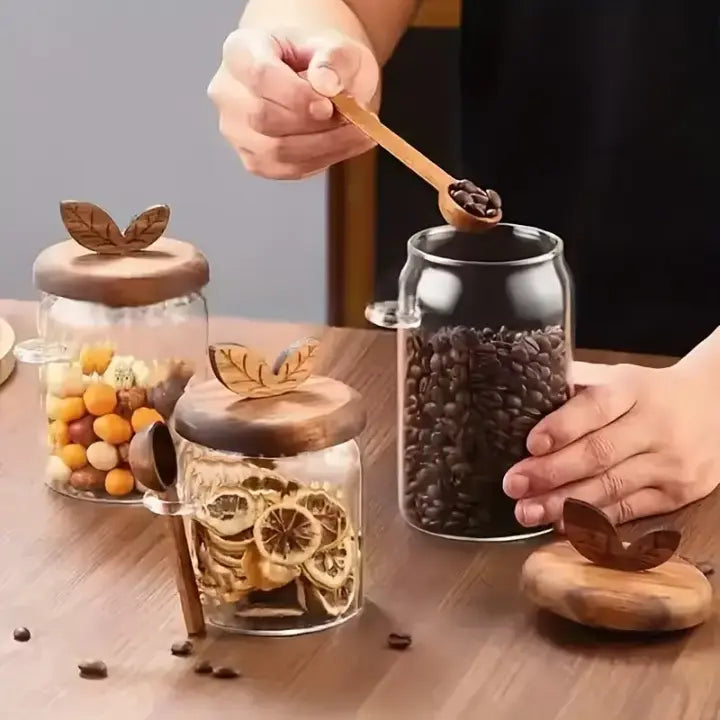 Pack Of 3 Elegant Glass Storage Jar with Wooden Lid & Spoon Airtight Kitchen Container