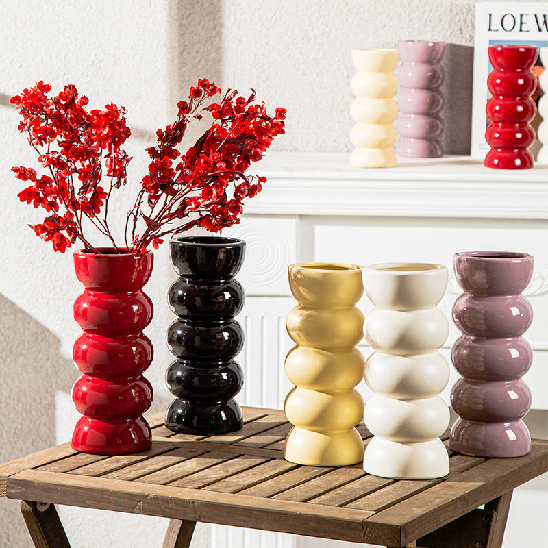 Nordic Style Purple Ceramic Long Neck Vase Threaded Fine Flower Vase for Living Room Decoration