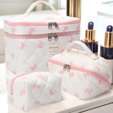 Cute Bow Quilted Cotton Makeup Bag Floral Zipper Cosmetic Organizer for Women & Girls