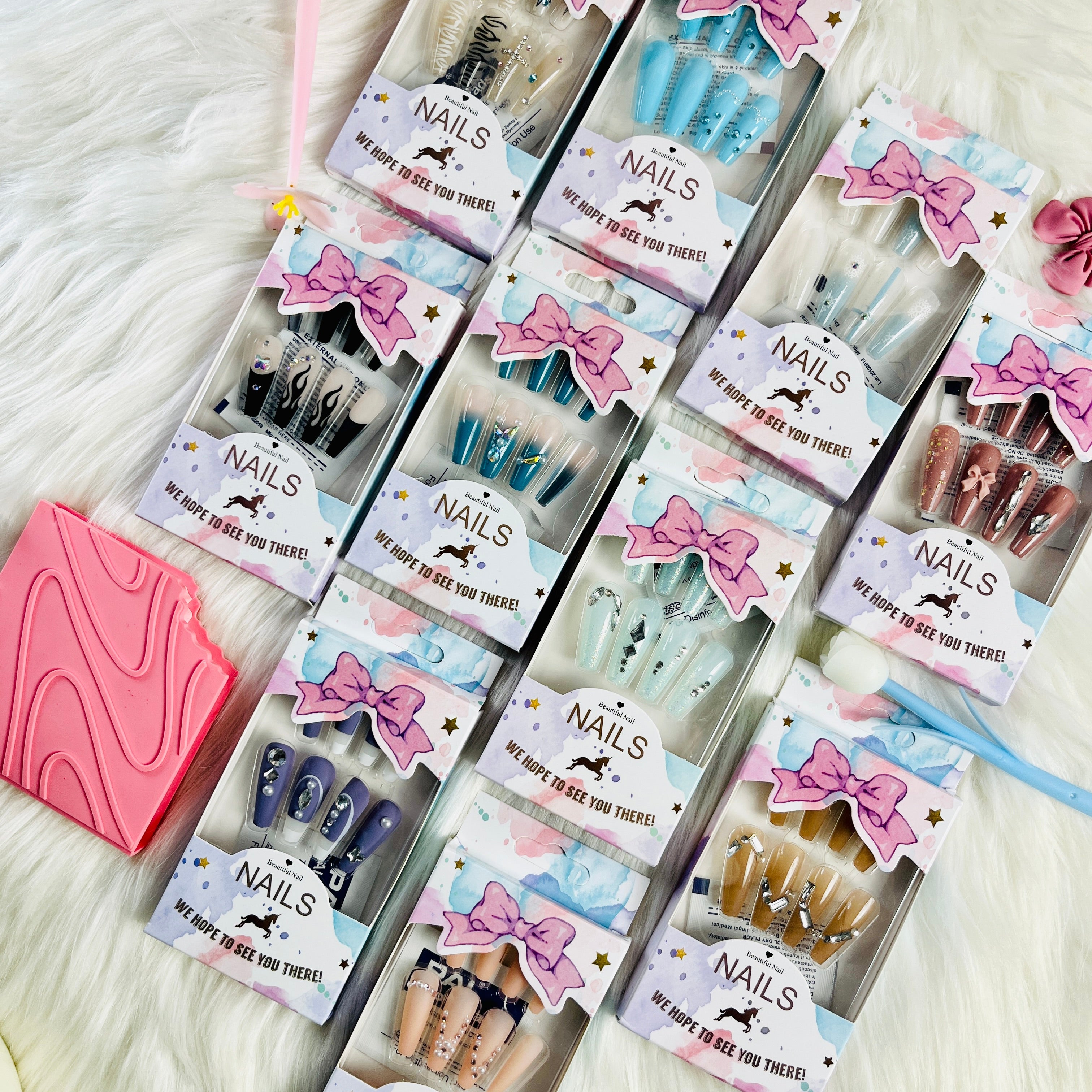 Rhinestone Accent Design Press On Nails Matte Coffin Shape