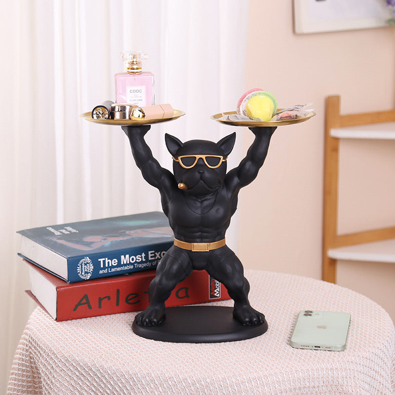 Muscle Bulldog Resin StatueCool Dog Figurine Tray for Home Decor, Desk Ornament & Key Storage