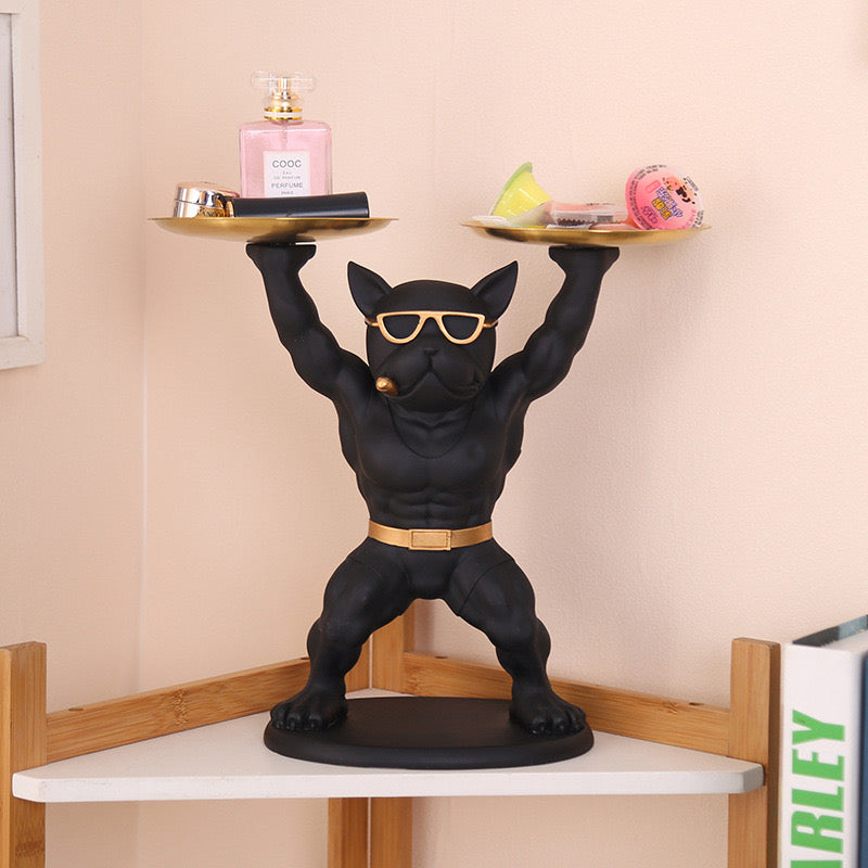 Muscle Bulldog Resin StatueCool Dog Figurine Tray for Home Decor, Desk Ornament & Key Storage