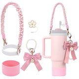 Stanley Cup Accessories Set Flower Straw Cap Butterfly Knot Pearl Chain Keychain Silicone Handle & Hanging Rope Aesthetic Cup Cover Kit