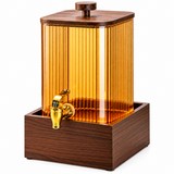 Luxury Ribbed Glass Beverage Dispenser with Wooden Lid, Gold Tap & Wooden Stand 4.2L