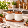 Premium 2-Piece Ceramic Spice Jar Set with Wooden Lids, Spoons & Tray