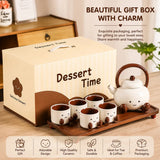 Cute Ceramic Tea Set with 4 Cups, Teapot & Wooden Tray 6 Piece Gift Set