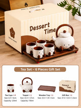 Cute Ceramic Tea Set with 4 Cups, Teapot & Wooden Tray 6 Piece Gift Set