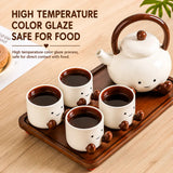 Cute Ceramic Tea Set with 4 Cups, Teapot & Wooden Tray 6 Piece Gift Set