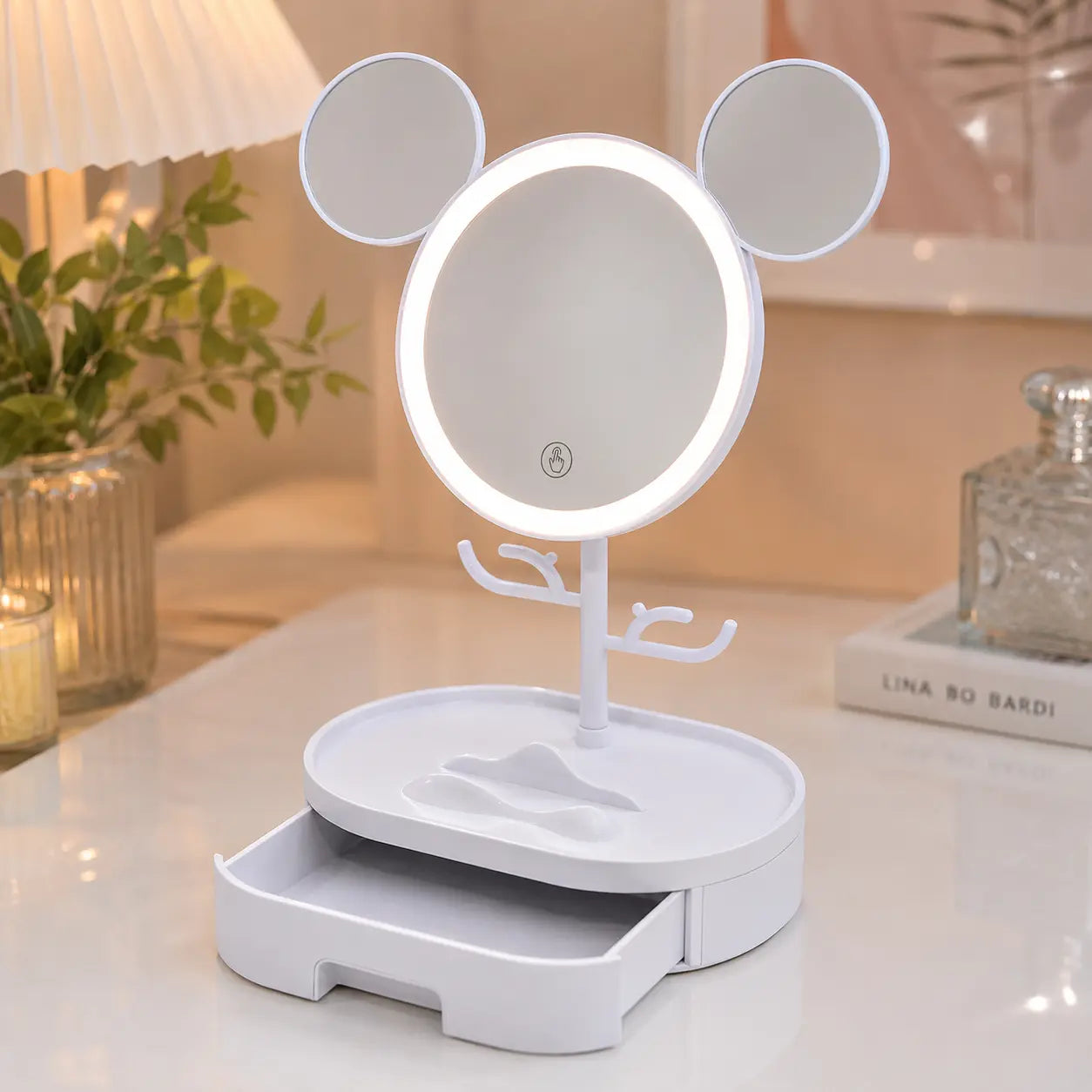 LED Mickey Ear Makeup Mirror with Jewelry Organizer & Storage Drawer