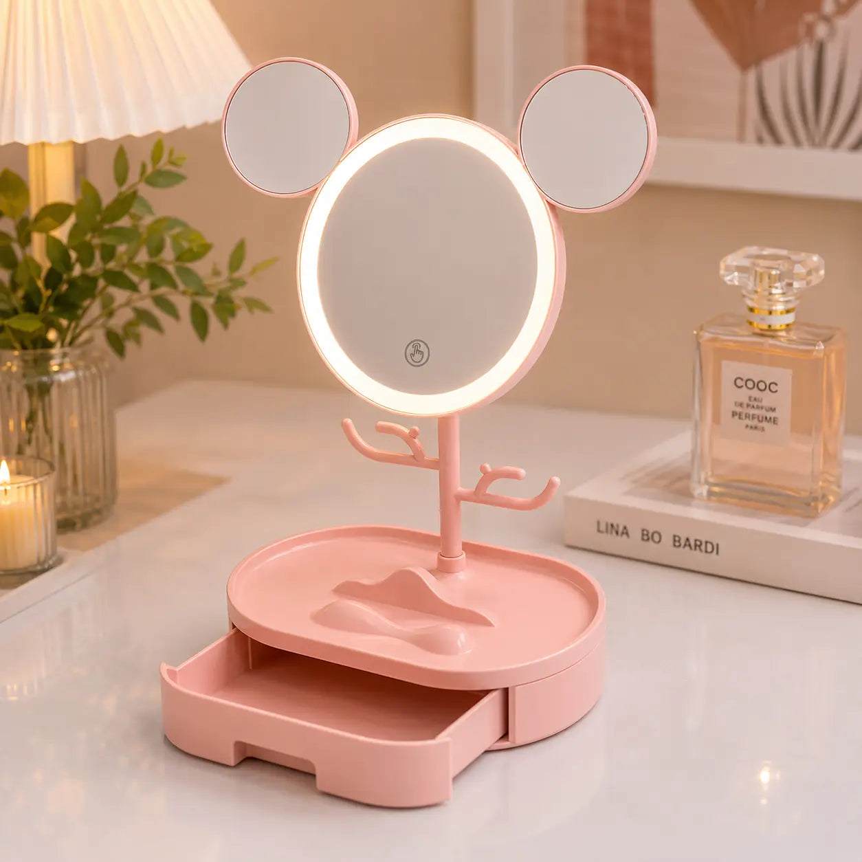 LED Mickey Ear Makeup Mirror with Jewelry Organizer & Storage Drawer