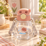 Kawaii Cartoon Animal Water Bottle with Straw & Shoulder Strap