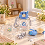 Kawaii Cartoon Animal Water Bottle with Straw & Shoulder Strap