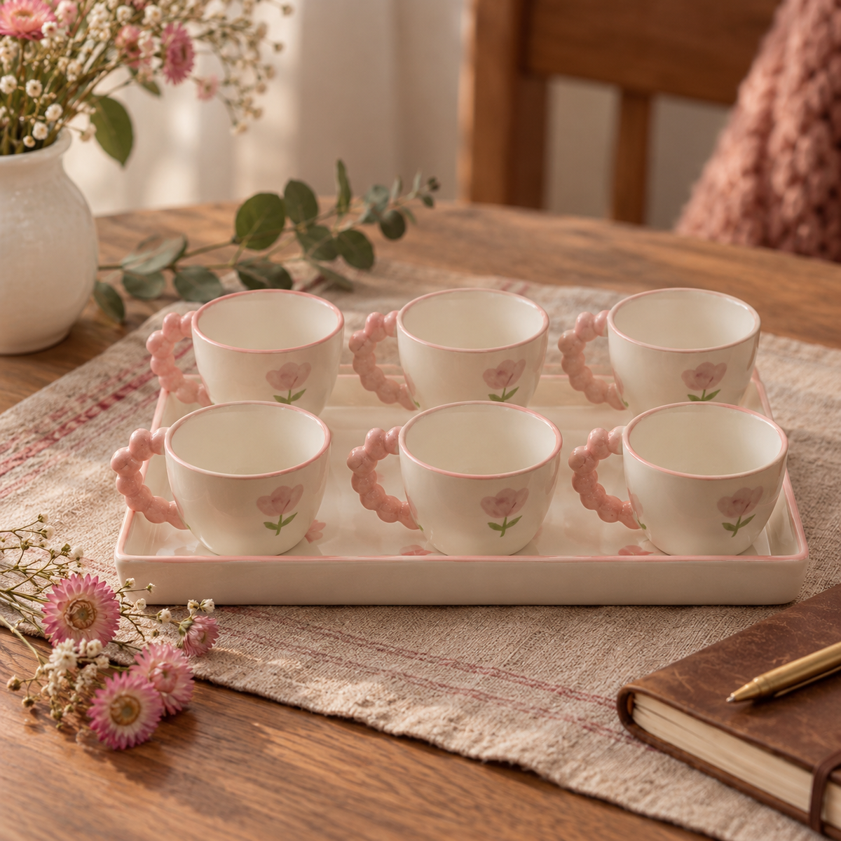 Mini Pink Floral Ceramic Tea Cup Set with Serving Tray 90ml (Set of 6)