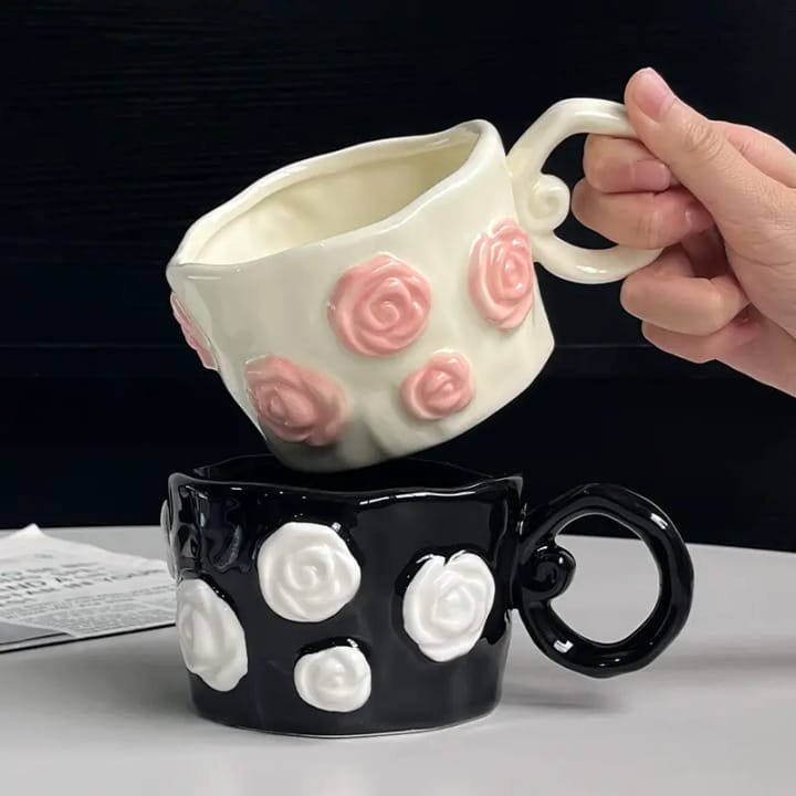Sculpted Floral Rose Bloom Embossed Ceramic Mug