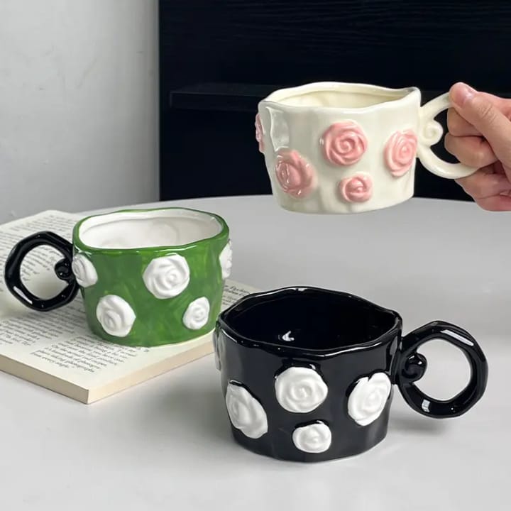 Sculpted Floral Rose Bloom Embossed Ceramic Mug