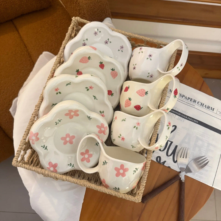 Floral & Strawberry Ceramic Mug & Plate Set