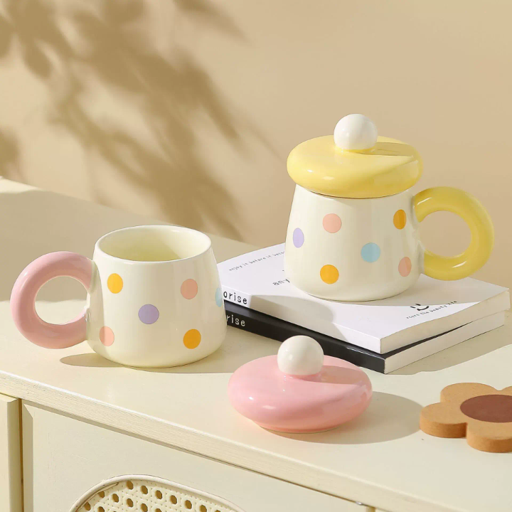 Cute Pastel Polka Dot Ceramic Mug with Lid