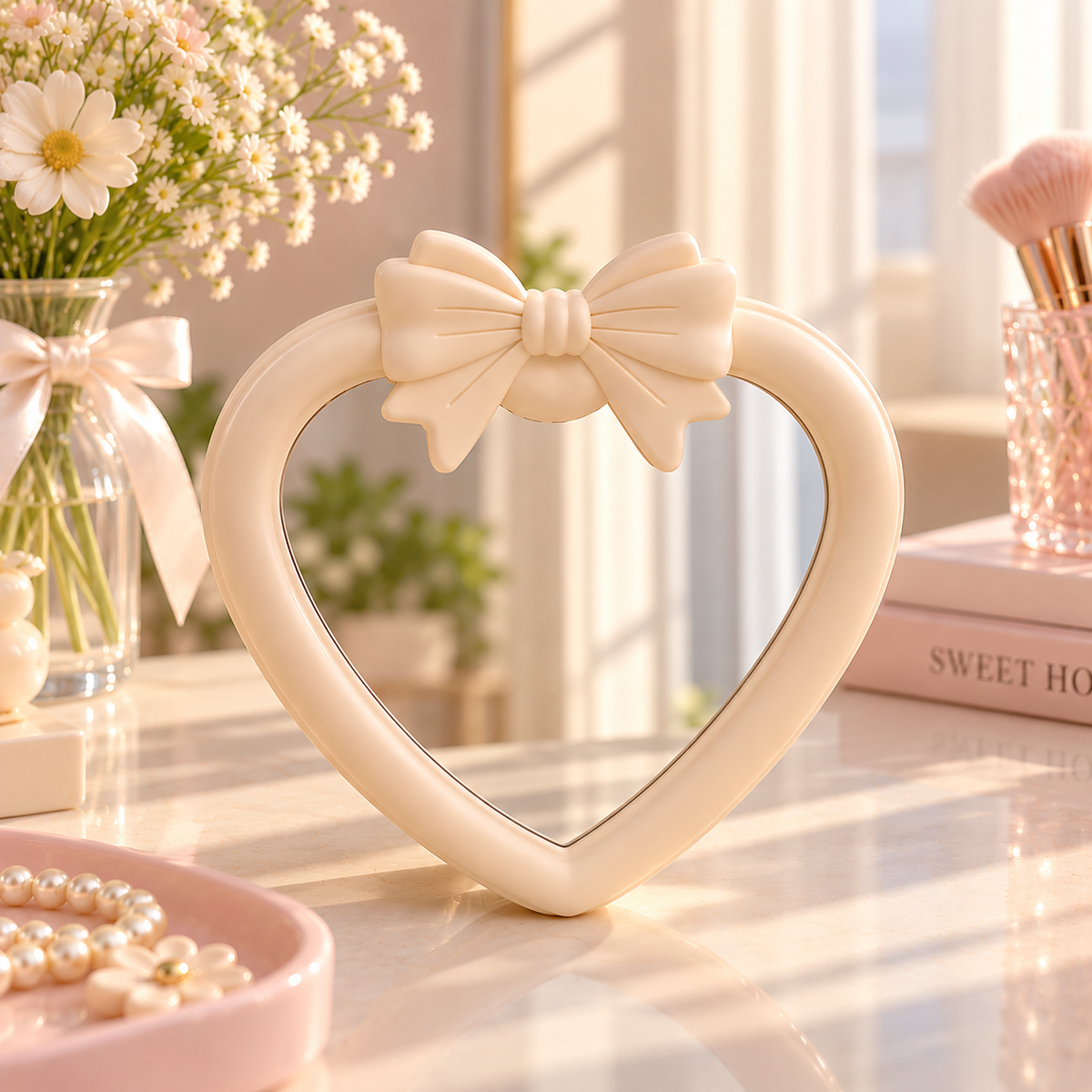 Cute Heart-Shaped Vanity Mirror with 3D Bow