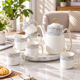 Luxury White & Grey Marble Ceramic Tea Set with Gold Detailing, 6 Cups & Serving Tray 8 Pcs