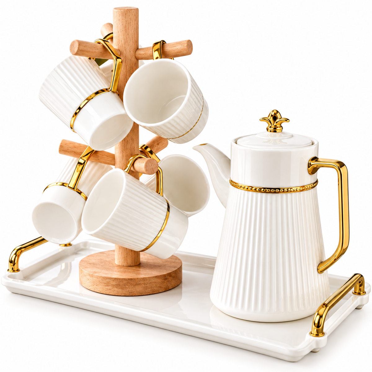 Luxury White Ribbed Ceramic Tea Set with Gold Accents, Wooden Cup Stand & Serving Tray 9 Pieces
