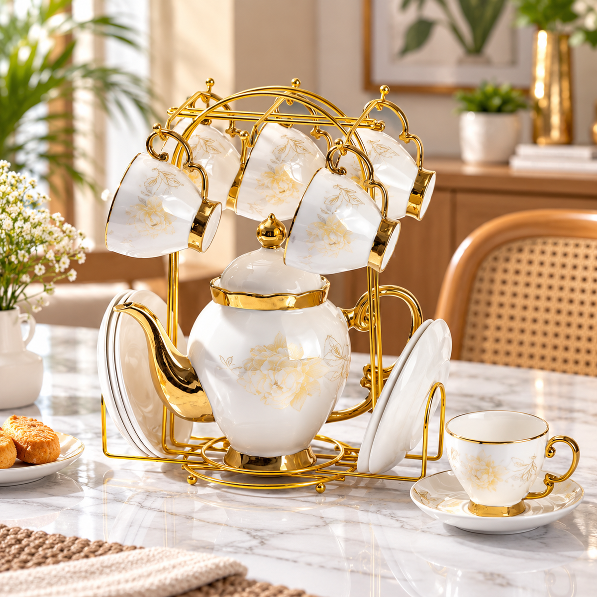 Luxury White & Gold Floral Ceramic Tea Set with 6 Cups, Saucers & Golden Stand 14 Pcs