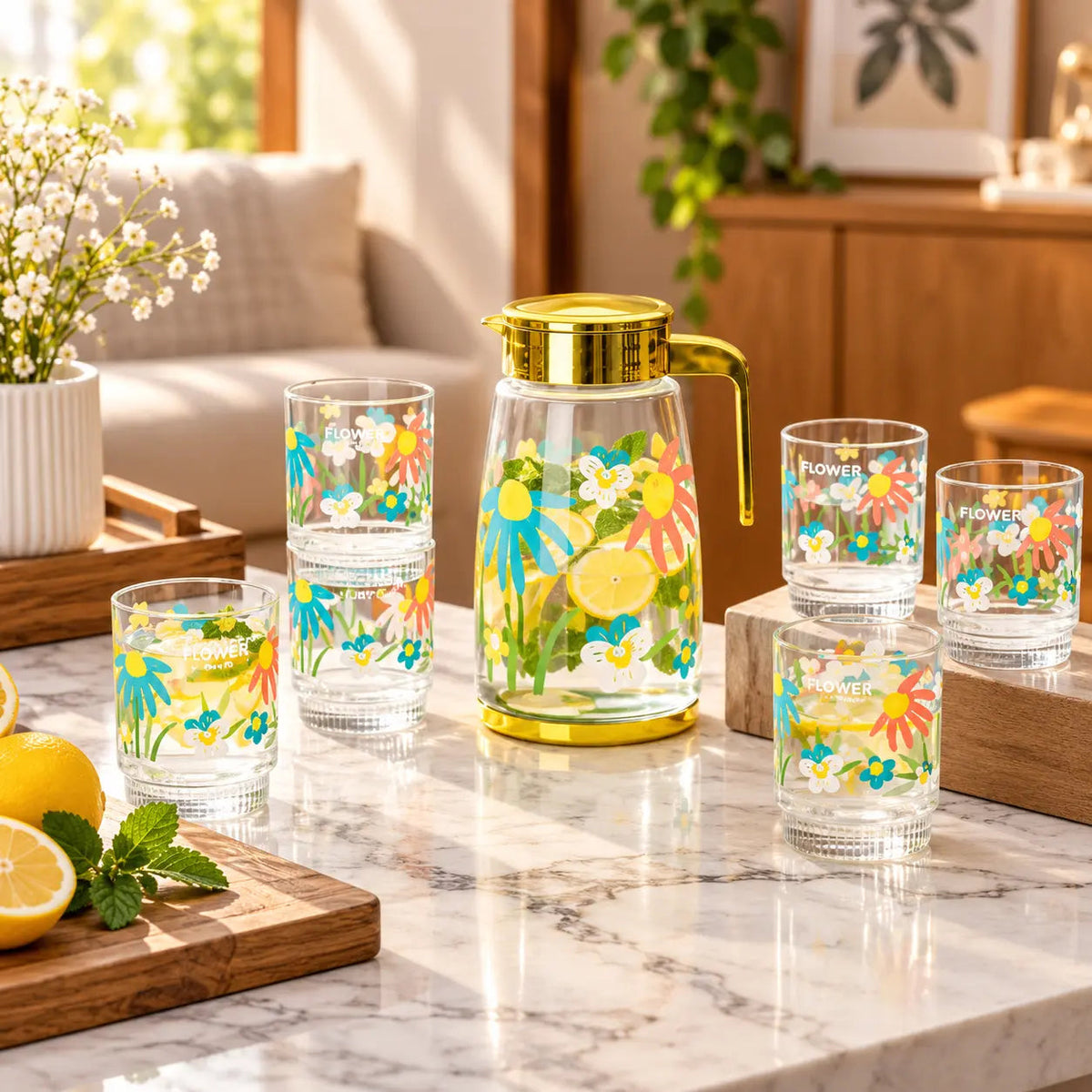 Colorful Floral Printed Glass Water Jug with Gold Lid & Handle 7 Pieces Set