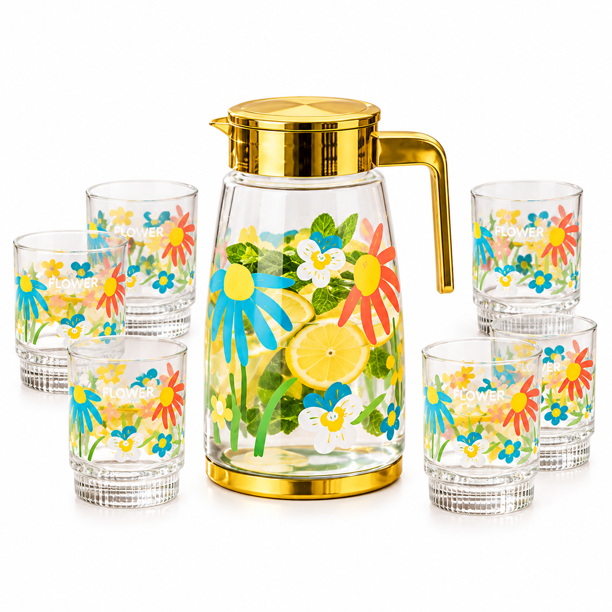 Colorful Floral Printed Glass Water Jug with Gold Lid & Handle 7 Pieces Set