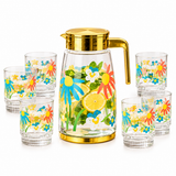 Colorful Floral Printed Glass Water Jug with Gold Lid & Handle 7 Pieces Set