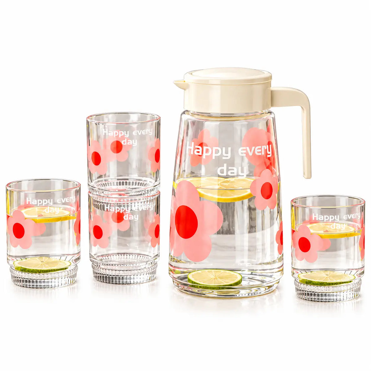 Happy Every Day Pink Floral Printed Glass Water Jug & Glasses Set 5 Pieces