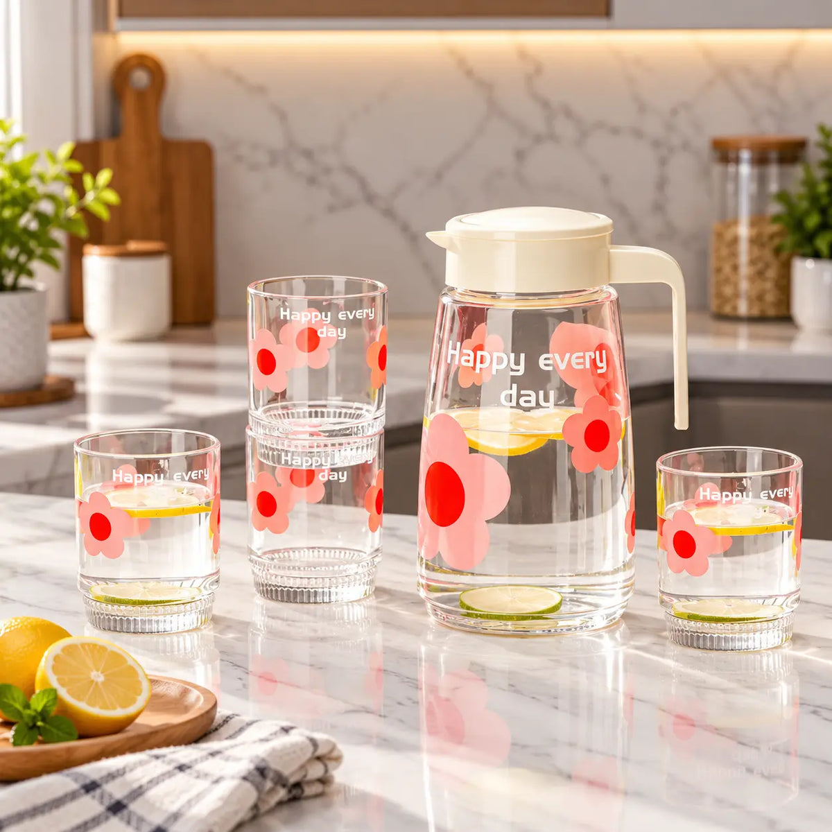 Happy Every Day Pink Floral Printed Glass Water Jug & Glasses Set 5 Pieces