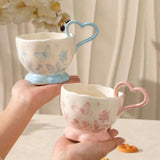 Butterfly Floral Ceramic Mug with Heart Handle Pastel Coffee Cup