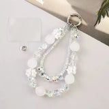 Double-Layer Crystal Bead Phone Charm Wristlet Aesthetic Beaded Lanyard Strap with Flower Accents
