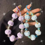 Cute Plush Pom-Pom & Iridescent Crystal Bead Phone Charm Keychain Wristlet
