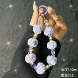 Cute Plush Pom-Pom & Iridescent Crystal Bead Phone Charm Keychain Wristlet