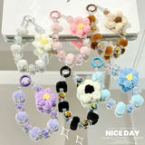 Cute Plush Flower & Iridescent Crystal Bead Phone Charm Keychain Wristlet