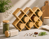 Bamboo Spice Jar Organizer Rack with Glass Storage Jars